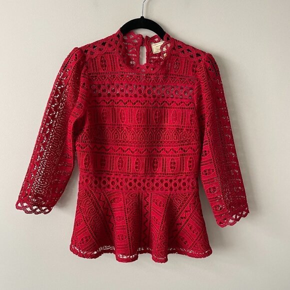 Moulinette Soeurs Tamera Geometric Lace Peplum Top 3/4 Sleeves Red 0 - Picture 2 of 8